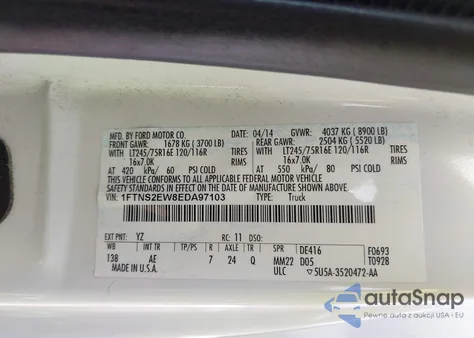 2014 Ford E-250 Commercial from USA, damaged, VIN 1FTNS2EW8EDA97103